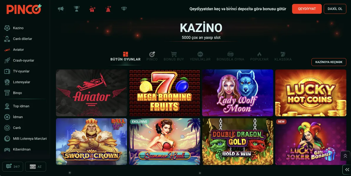 Cekpotlu slotlar və canlı yayımlanan oyunlar Pinko Casino